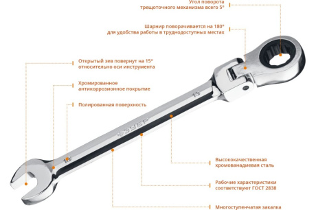 Купить Комбинированный гаечный ключ трещоточный шарнирный 13 мм  ЗУБР фото №5