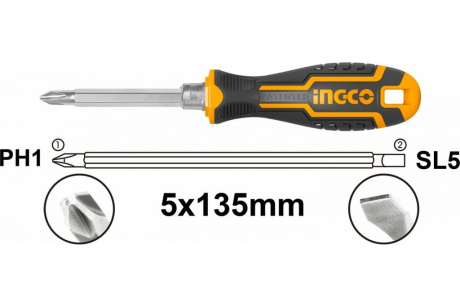 Купить INGCO Отвертка двухсторонняя PH1/SL5*135мм  ручка 2К  AKISD0203 фото №2